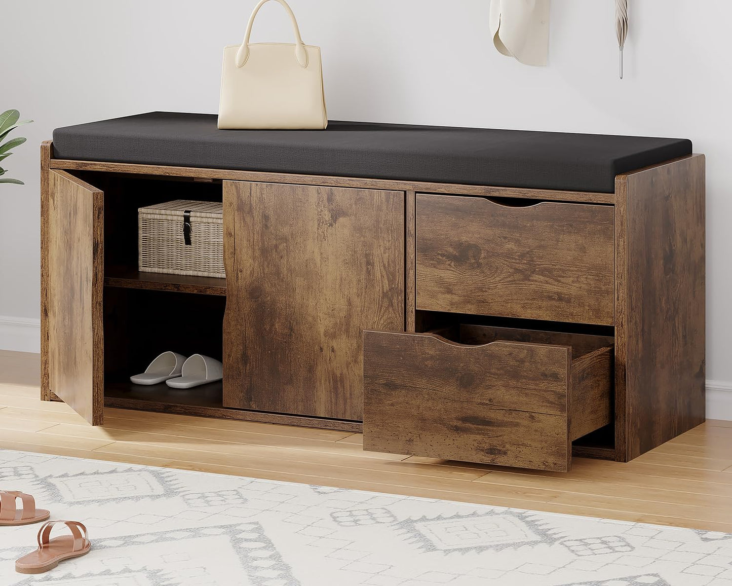 LVB Entryway Shoe Bench, Rustic Storage Bench with Cushioned Seat, Long Hidden Shoe Organizer Bench with 2 Drawers