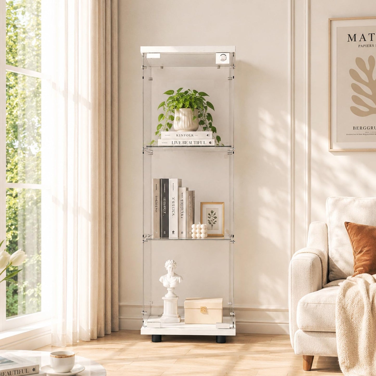 Beauty4U 3-Shelf Single Door Glass Display Cabinet, 125cm Tall, White