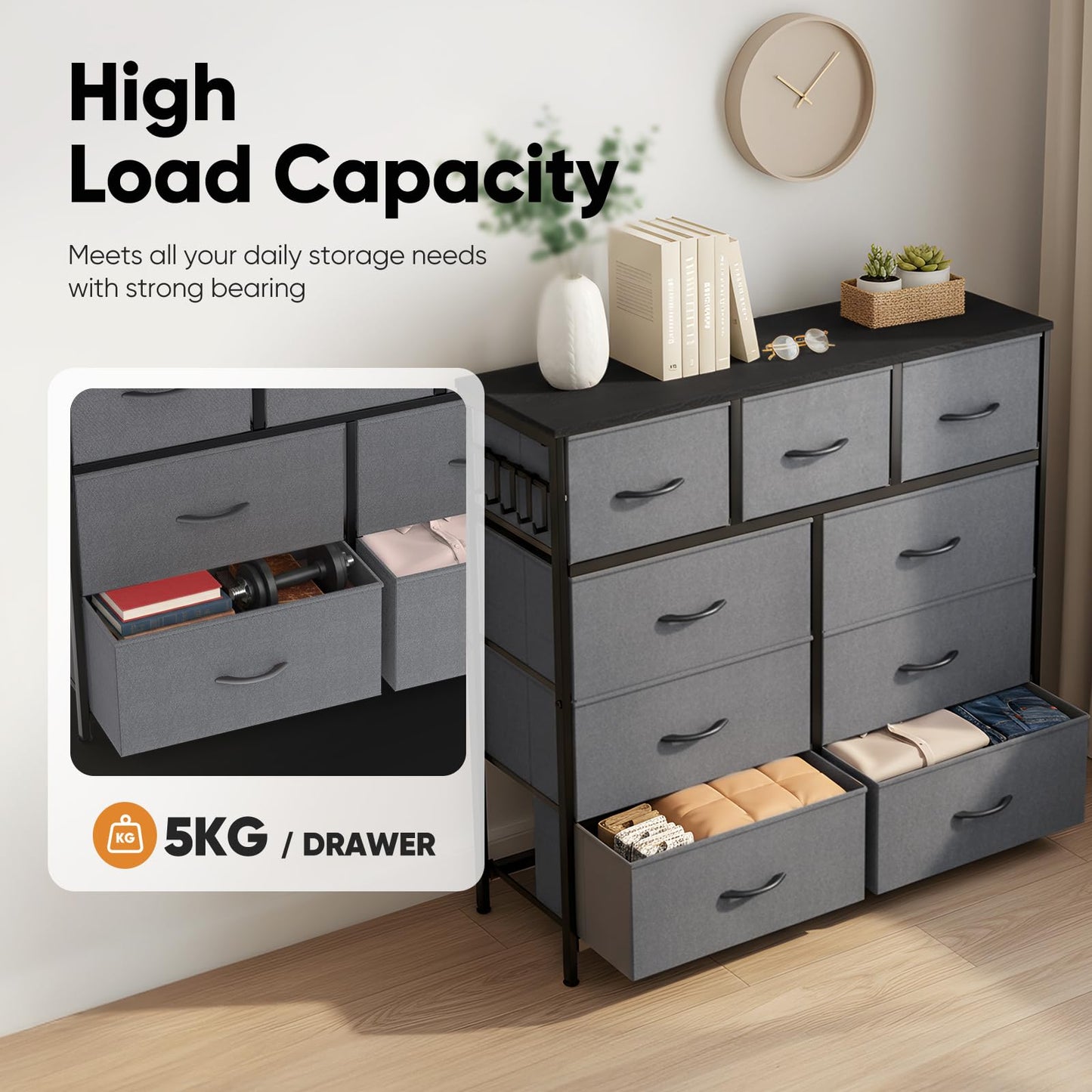 MAXLEAD Fabric Chest of Drawer with 9 Drawers, Home Storage Cabinet with Metal Frame & Wood Top, Large Capacity Dresser for Bedroom, Living Room