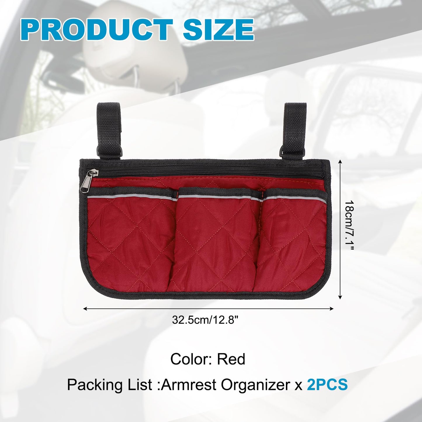 YELARXI Beach Chair Armrest Bag, Beach Side Bag Hanging Storage Organizer with Reflective 4 Pockets Waterproof Pouch 13 x 7" & 2Pcs & Red - Fit for