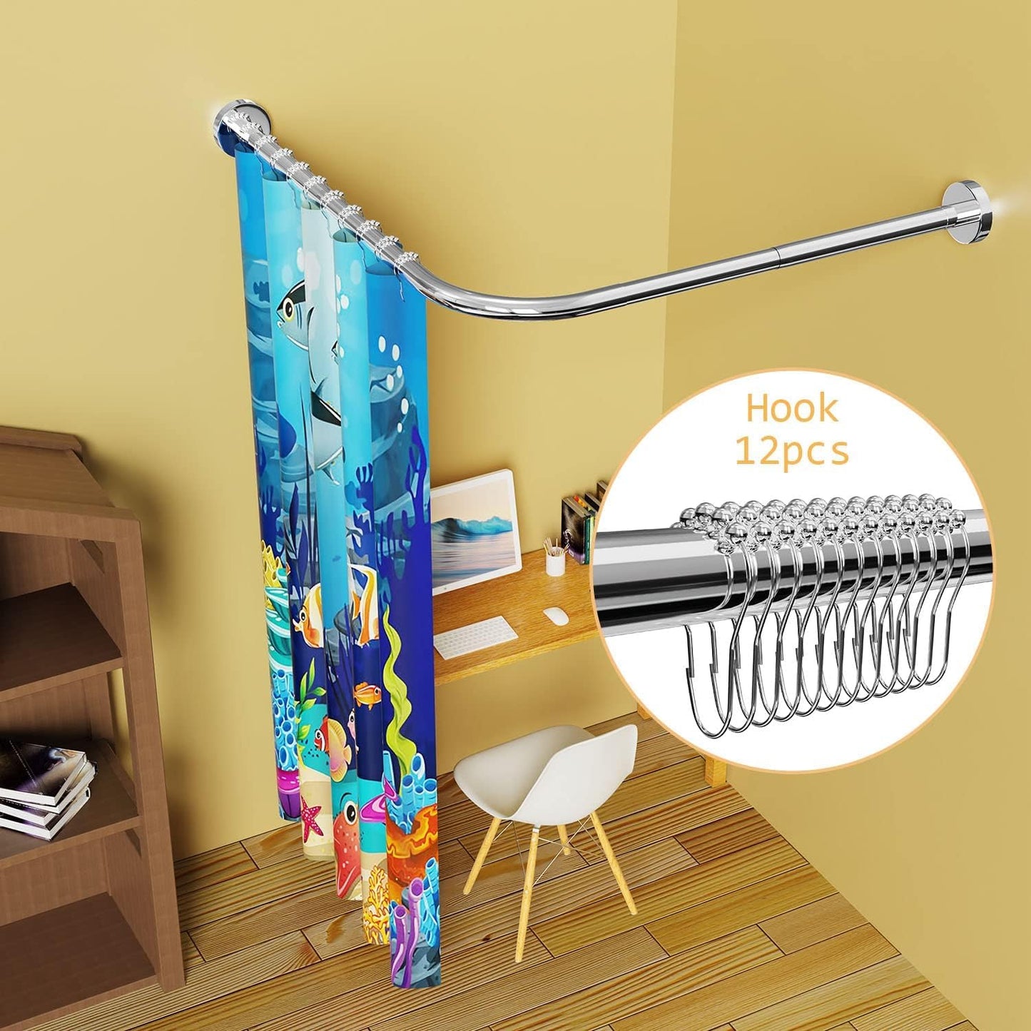 SIKAIQI Stretchable 304 Stainless L Shaped Bathroom Bathtub Corner Shower Curtain rail Rack (60-92 cm x 60-92 cm), Drill Free Install, for Bathroom