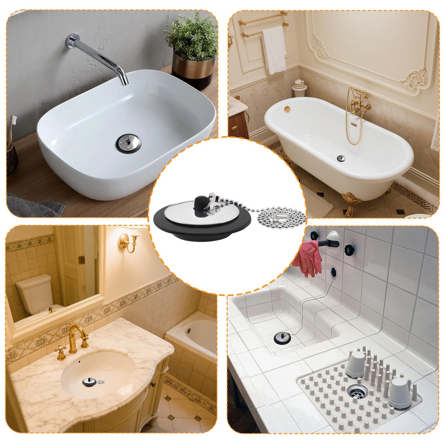 Universal Bath Plug with Stainless Steel Chain, Durable Bath Drain Plug Replacement for Bathtubs, Sinks & Kitchen Basins