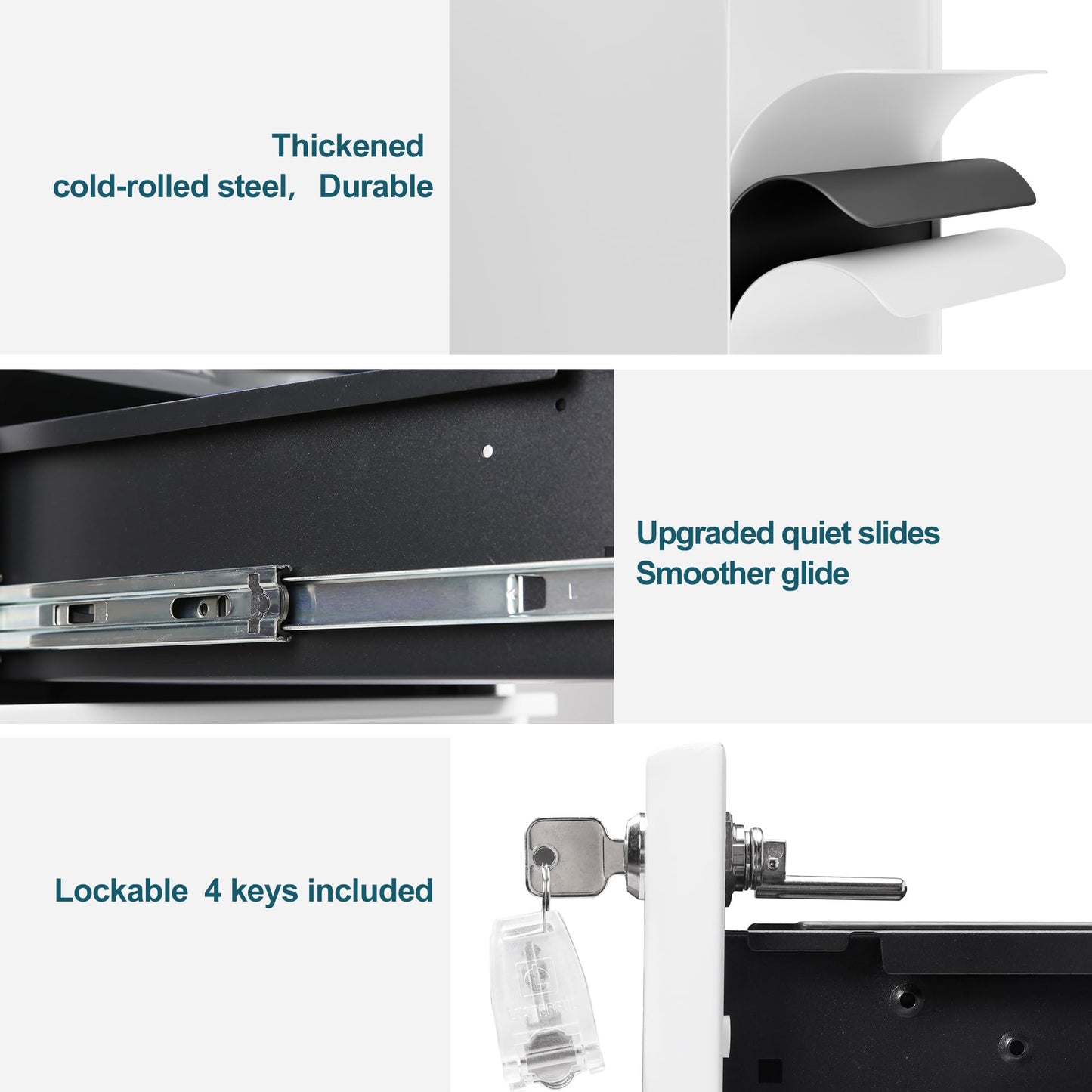 LVSTEEL Lockable 3-Drawer Metal Filing Cabinet on Wheels, Fully Assembled Mobile Office Storage, Filing Cabinets for Home Office, Fits Under Desk