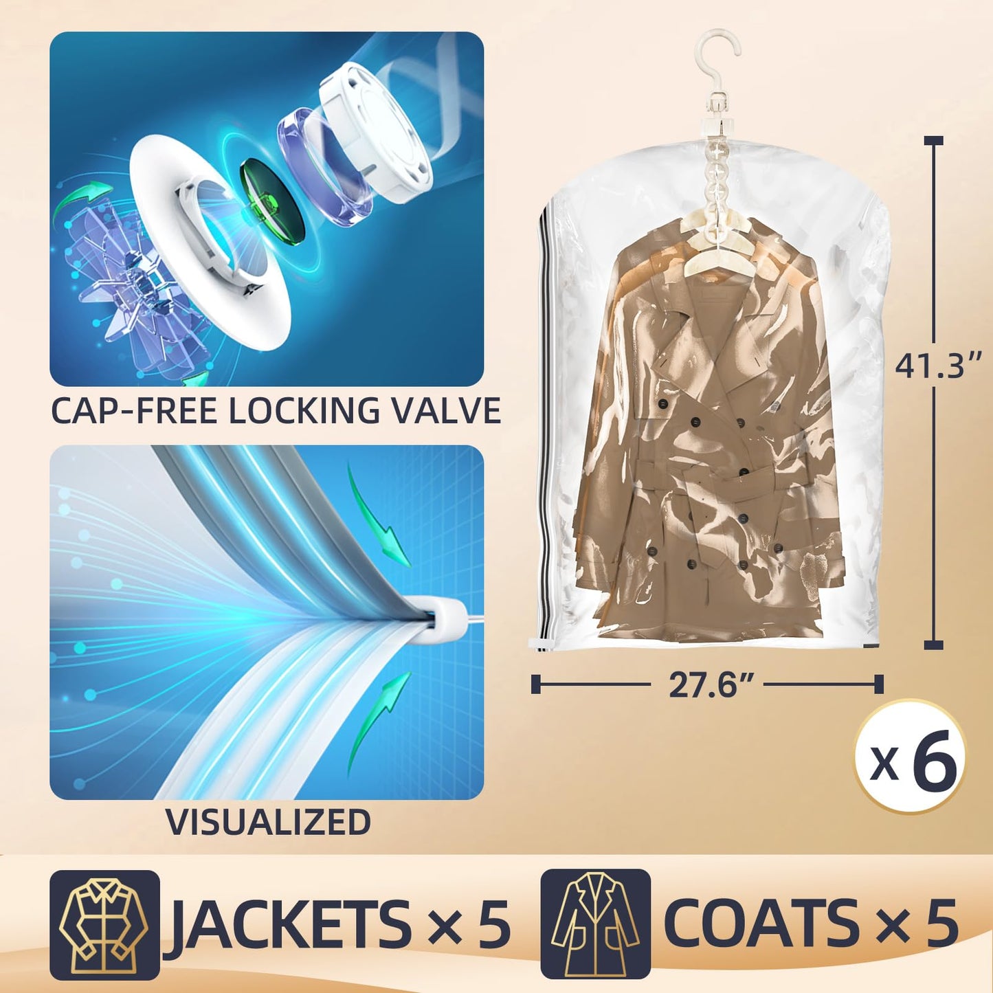 Hanging Vacuum Storage Bags, 6 Large Vacuum Pack Bags for Clothes Reusable Space Saver Bags Vacuum Compression Storage Bags for Winter Coats Wardrobe