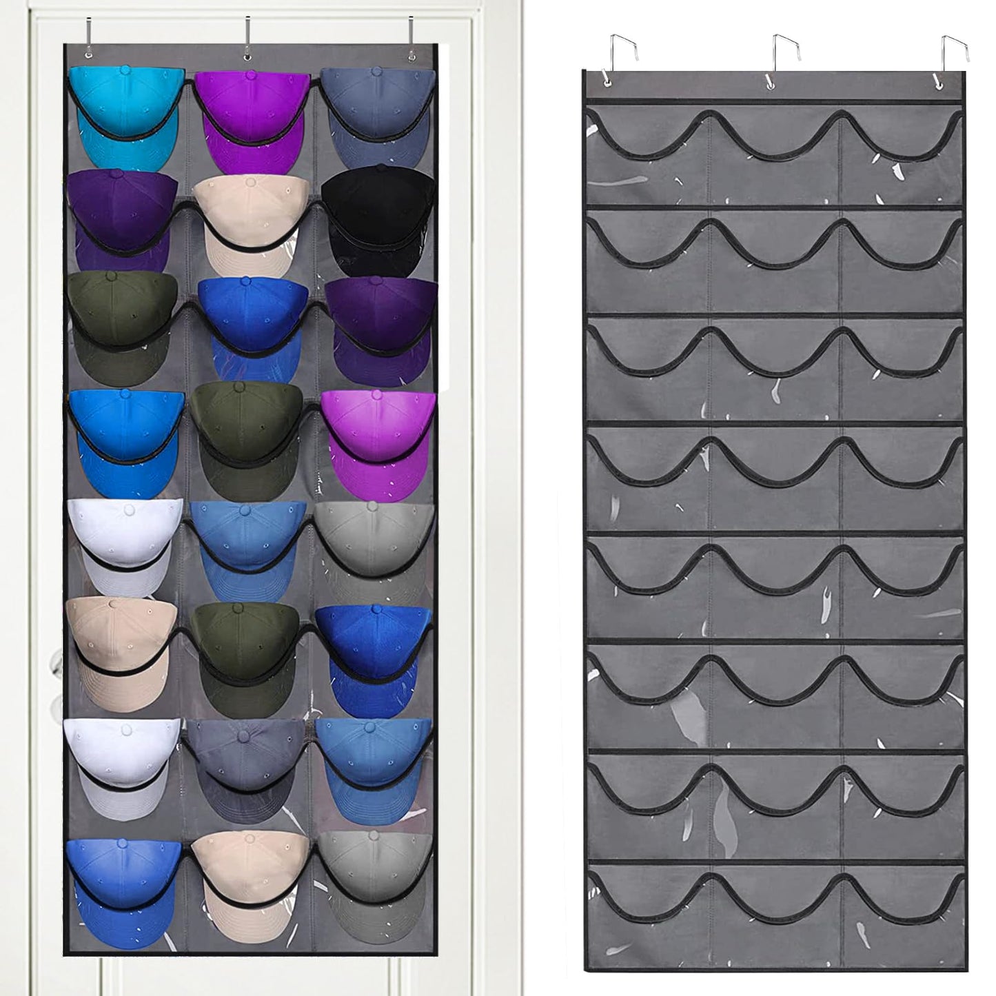 qimeyu Baseball Cap Storage,Baseball Cap Door Organizer,Cap Storage for Baseball Caps,Baseball Cap Rack with Large 24 Clear Deep Pockets,Cap Hanger