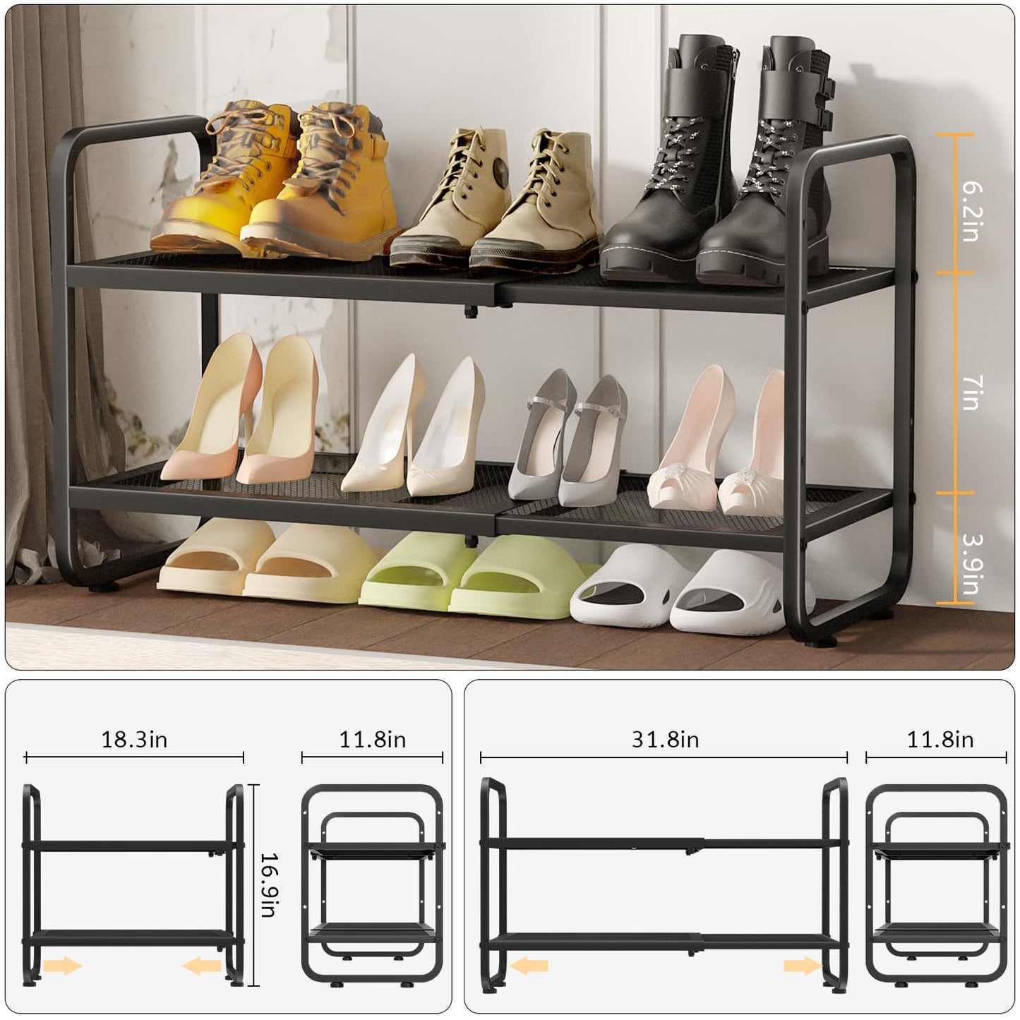 ULYVU Expandable Metal Shoe Rack 2 Tier, Height Adjustable & Stackable | Shoe Storage for Hallway, Garage, Wardrobe - Black