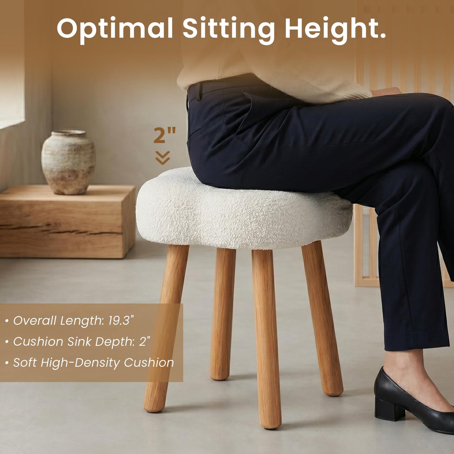 Cmishe Cloud Vanity Stool with Solid Beech Wood Legs, 20" Height Boucle Makeup Chair for Bedroom, Flower Shaped Upholstered Ottoman