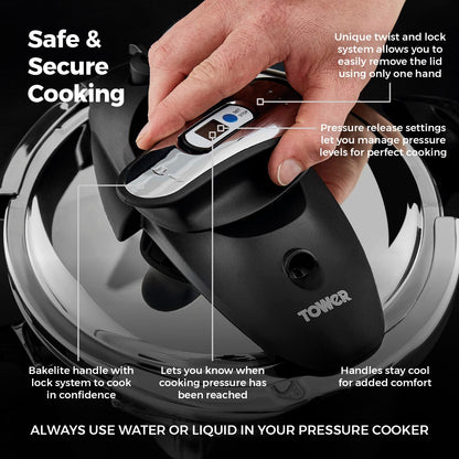 Tower T920002 One-Touch Ultima Pressure Cooker with Detachable 60-Minute Timer, 4L, Stainless Steel