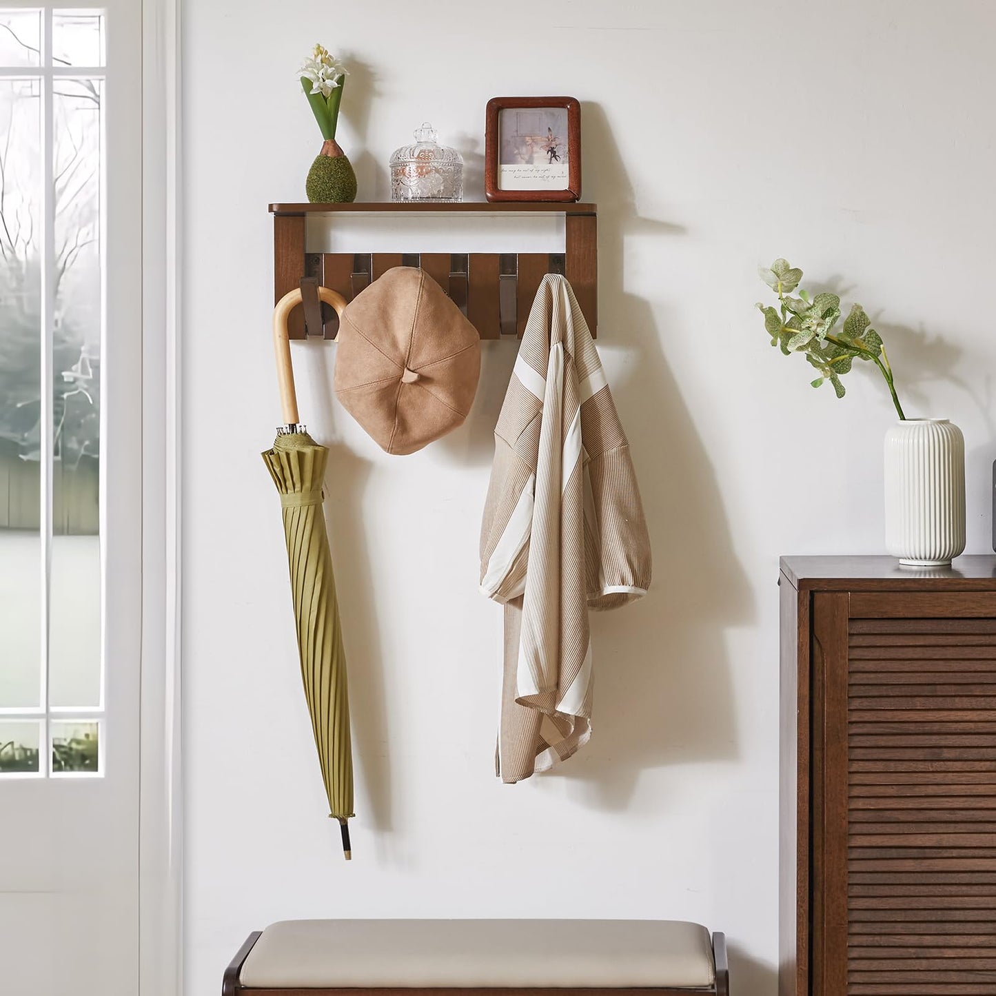 YMYNY Piano Key Coat Hooks Wall Mounted with Shelf, Walnut, HWS008H