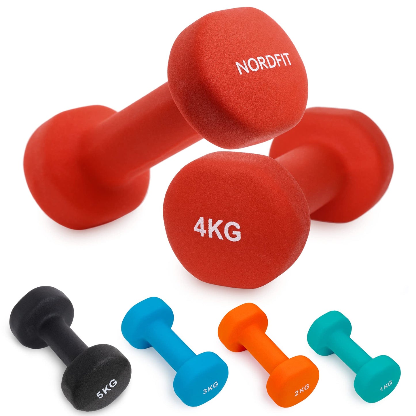 Neoprene Coated Dumbbells for Home Exercise, Pilates, Gym, Cardio, Dumbbell Weights Set in 1kg 2kg 3kg 4kg 5kg Pairs by Nordfit