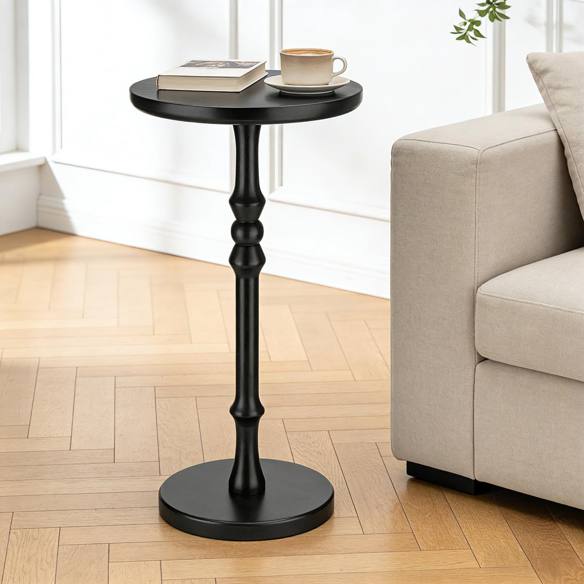 Lampaggio Round Side Table for Small Spaces, Drink Table with Oak Wood Pedestal Base, Modern Accent End Table or Nightstand for Living Room, Bedroom