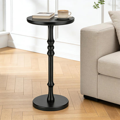 Lampaggio Round Side Table for Small Spaces, Drink Table with Oak Wood Pedestal Base, Modern Accent End Table or Nightstand for Living Room, Bedroom