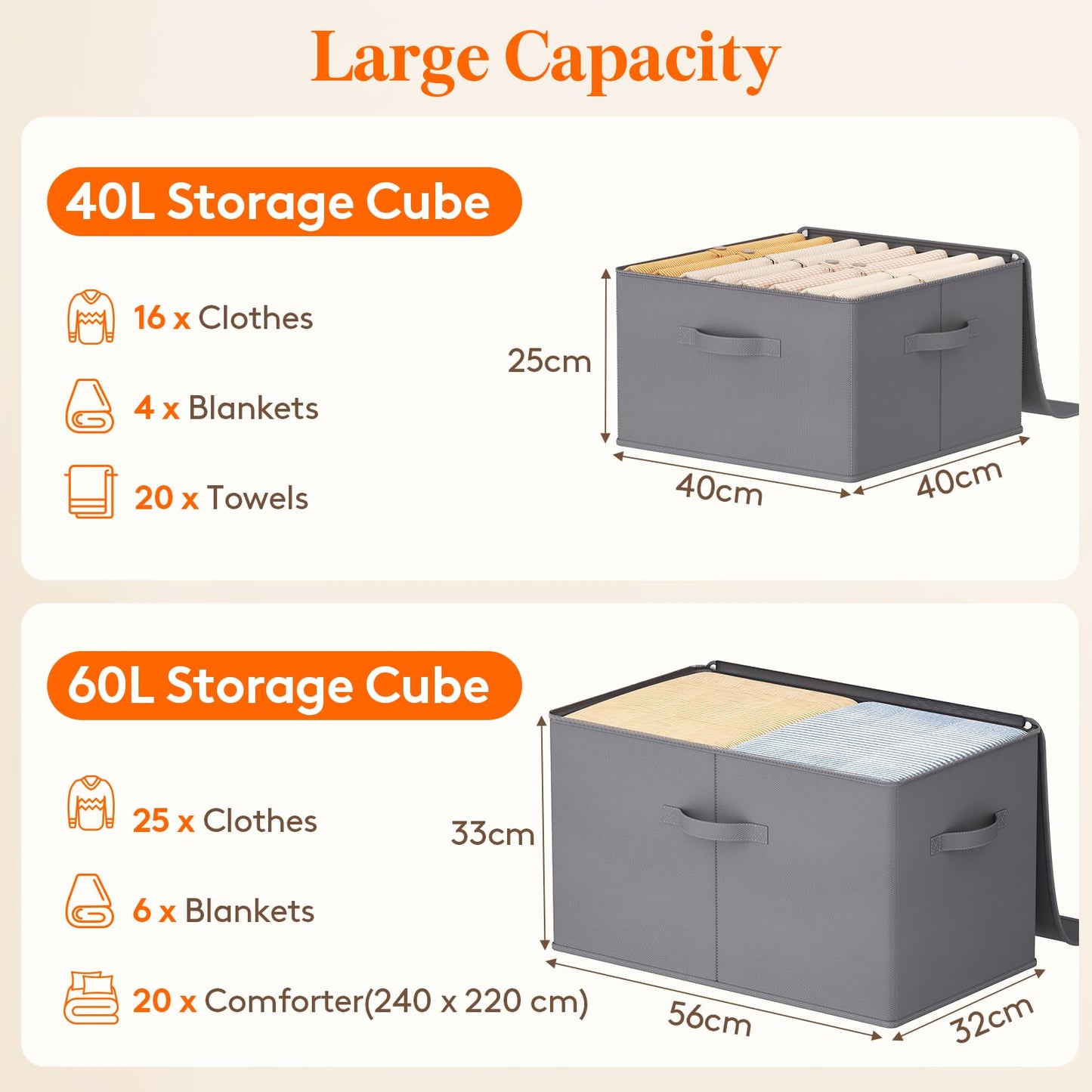 Lifewit Wardrobe Storage Box with lid, 40L, 40x40x25 cm, Grey, 3 Pack