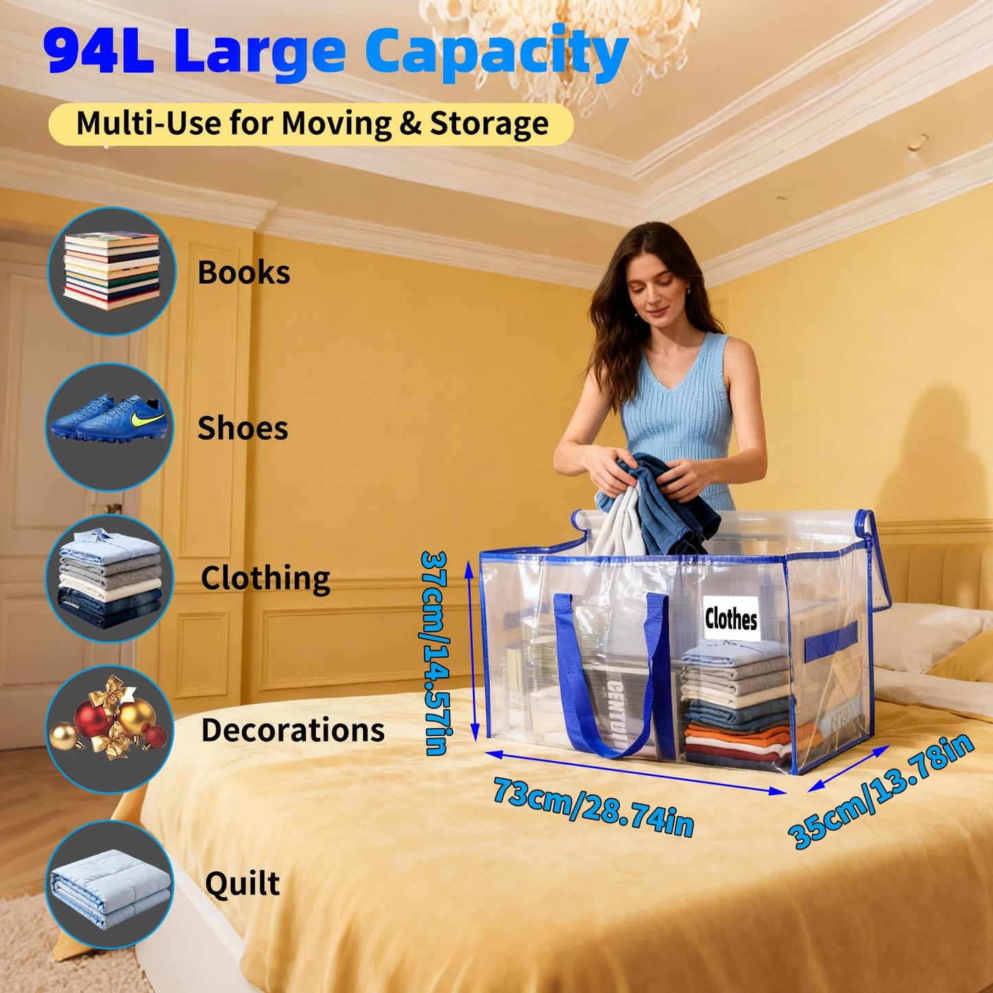 AuTong 4-Pack Storage Bags with Zips: 94L Clear Plastic Moving Bags with Reinforced Wrap Around Handles for Family, College Dorm