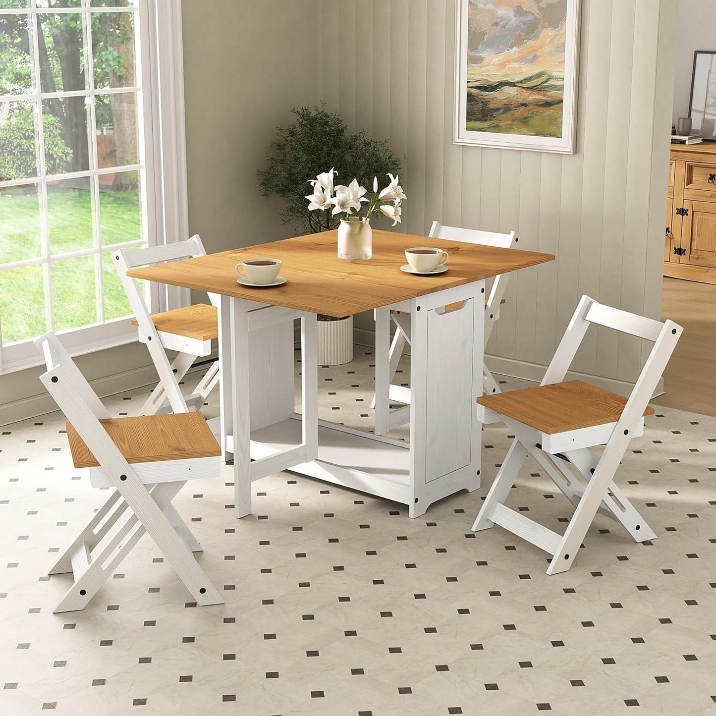 Mews Corona Butterfly Santos Dining Set White 4 Seat Folding Drop Leaf Table with Chairs Solid Mexican Pine