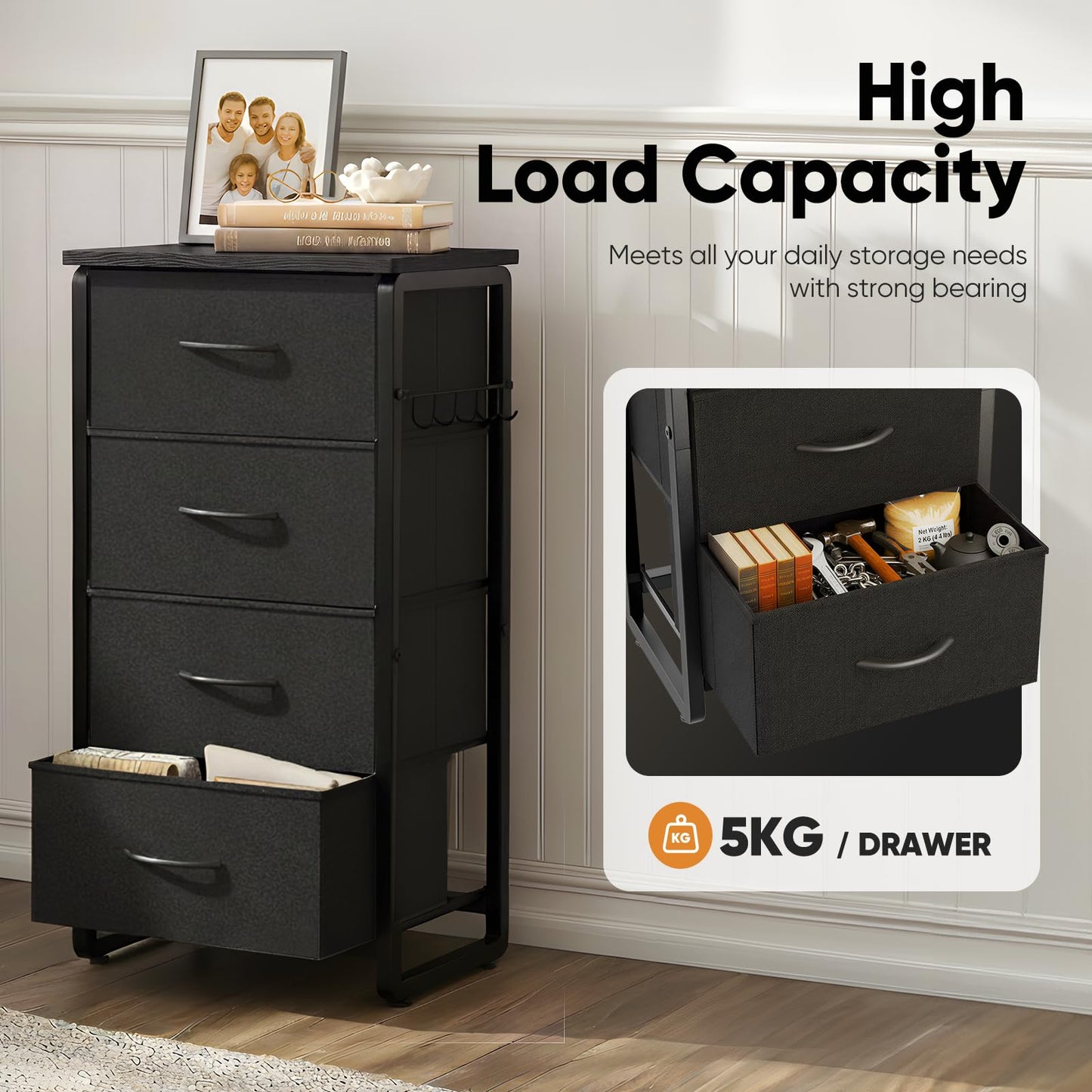 MAXLEAD Chest of Drawer with 4 Drawers, Large Capacity Storage Organiser Unit, Fabric Dresser for Bedroom, Living Room, Hallway - Black