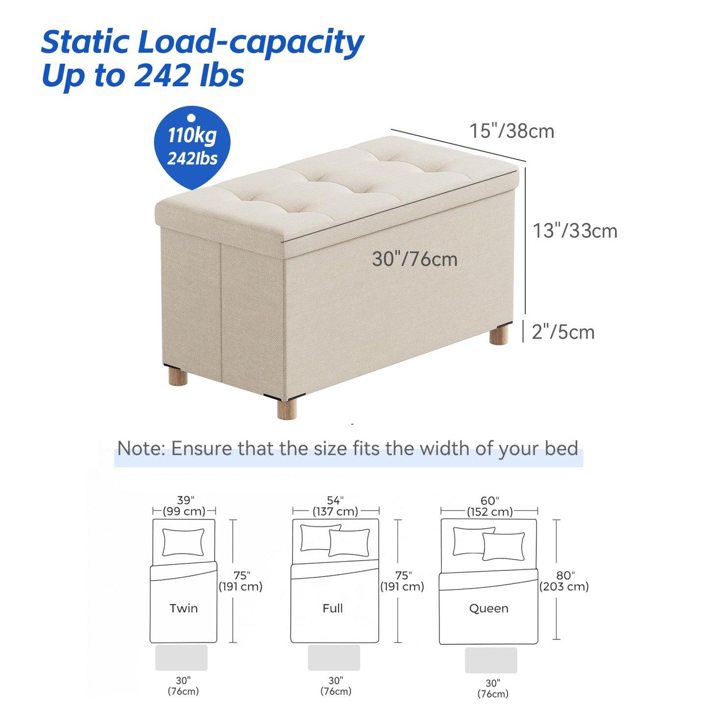 BRIAN & DANY Ottoman Storage Box with 4 Wood Legs, Linen Storage Ottoman for Living Room, Beige, 76 x 38 x 38 cm