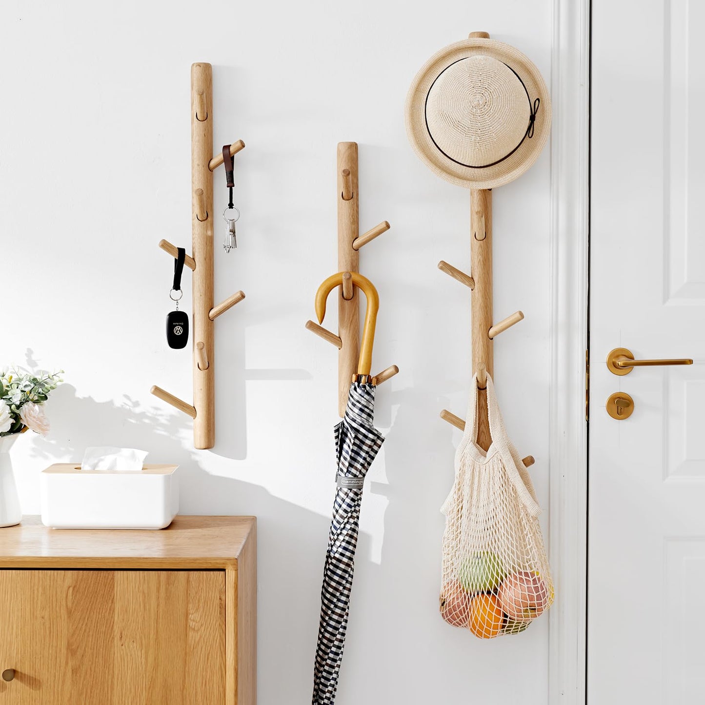 TREOAKWIS Vertical Coat Rack 90cm, Wood Hat Rack Wall Mounted with 9 Hooks
