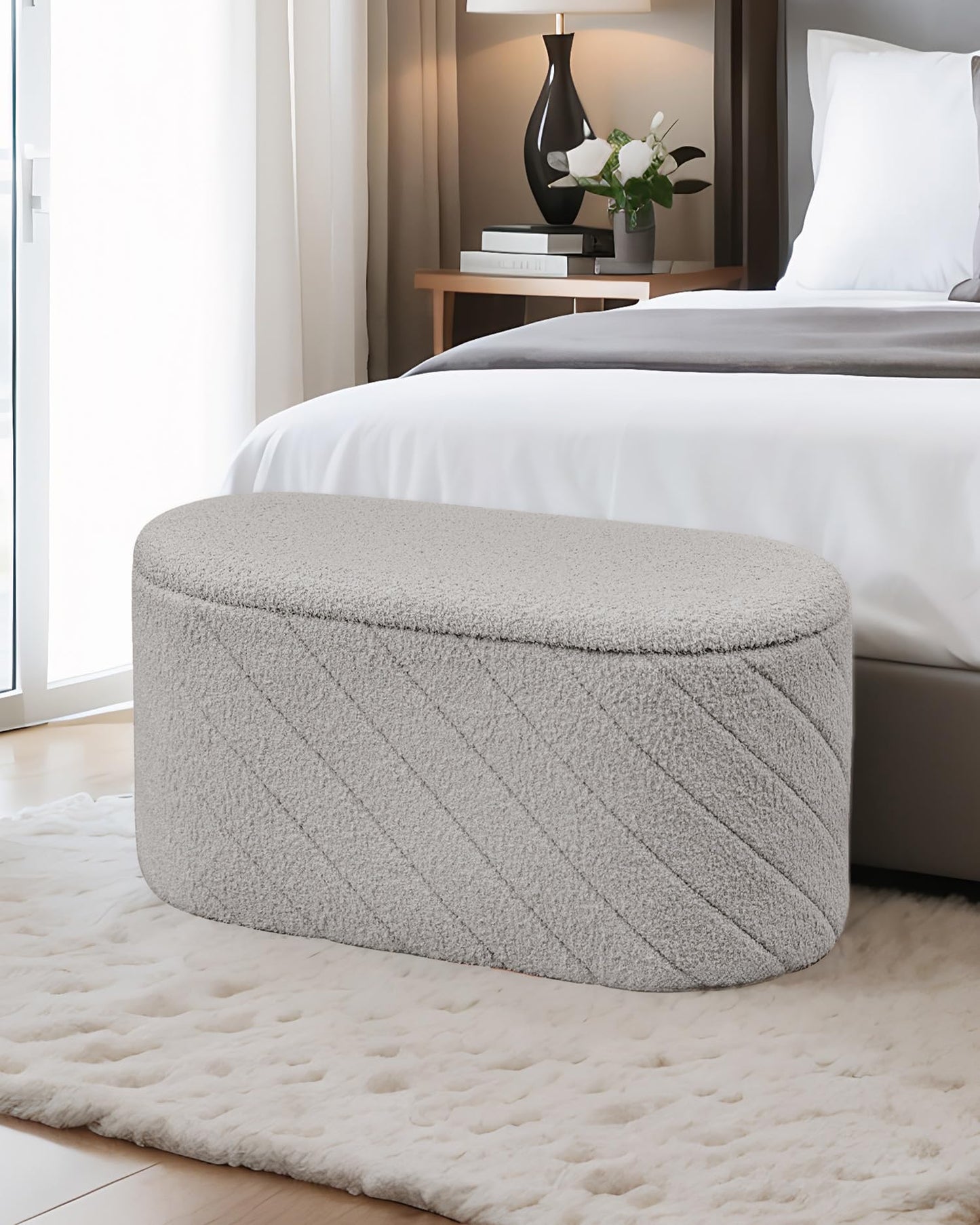 Bonlife Oval Ottoman with Storage Bench, Folding Foot Rest with Lid, Boucle End of Bed Bench,Foostool for Living Room,Bedroom,Entryway,Grey,76x38x38cm