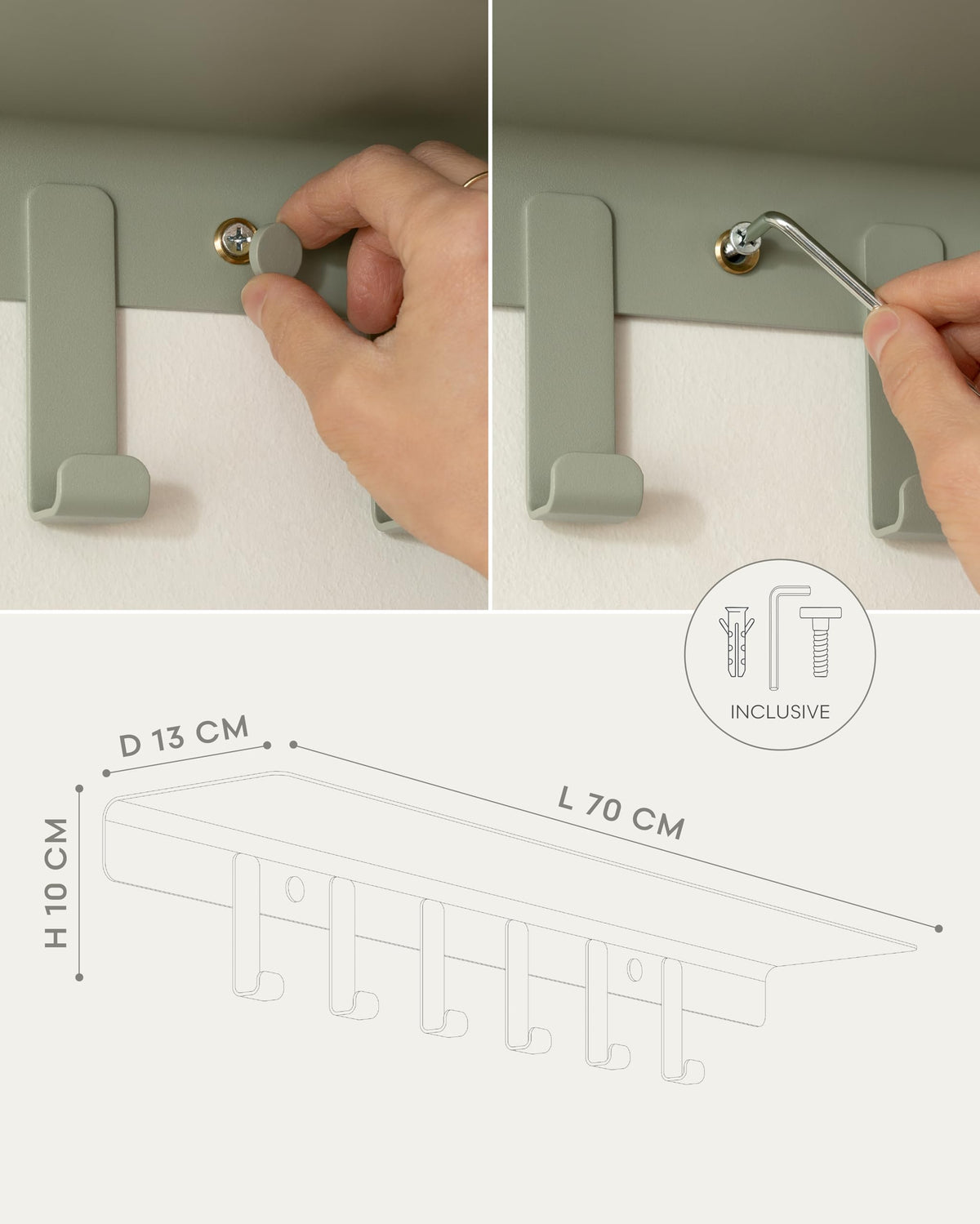 Kazai. Wall Mounted Coat Rack with Shelf 'Holmsen' | Modern Coat Hooks Wall Mounted | Hanger with Storage Shelf | Metal Hook Rack for Hallway