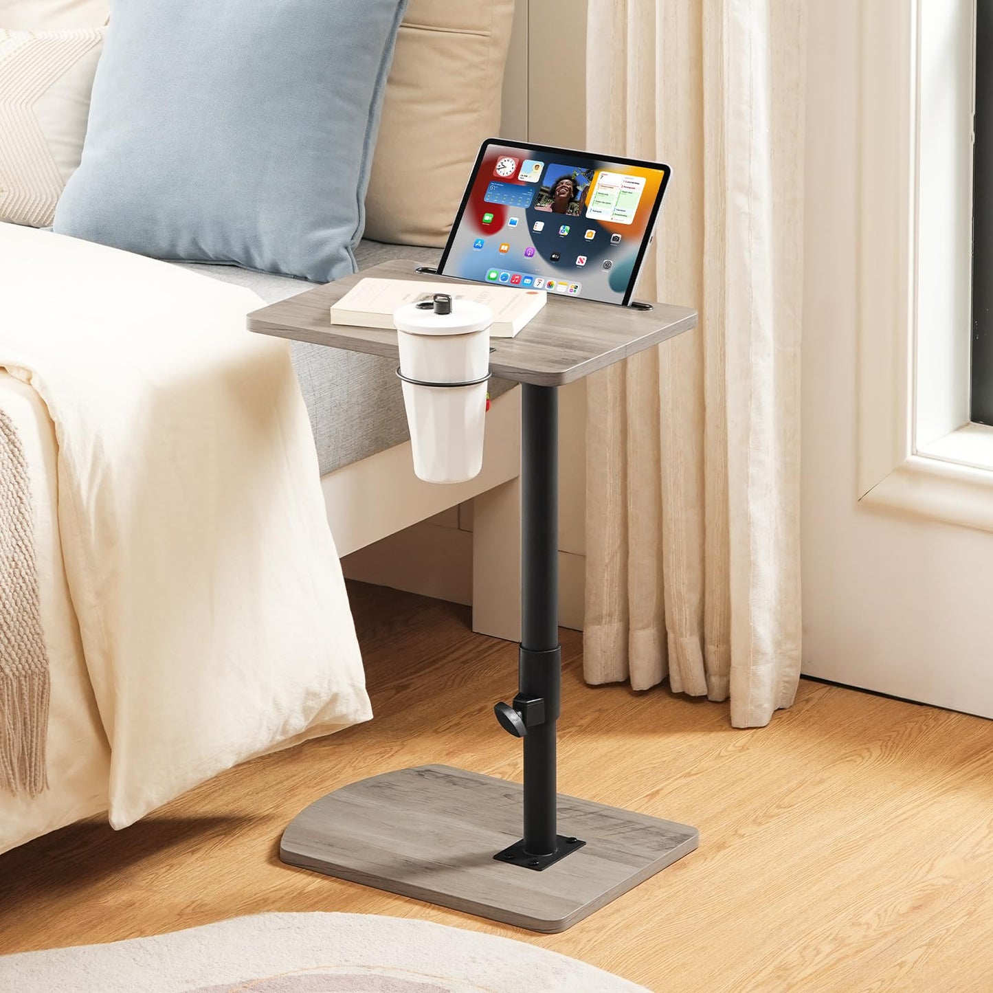 HOOBRO C Shaped Side Table, Height Adjustable Bedside Table, 360° Rotating Sofa Table Laptop Tables with Detachable Cup Holder and Tablet Slot