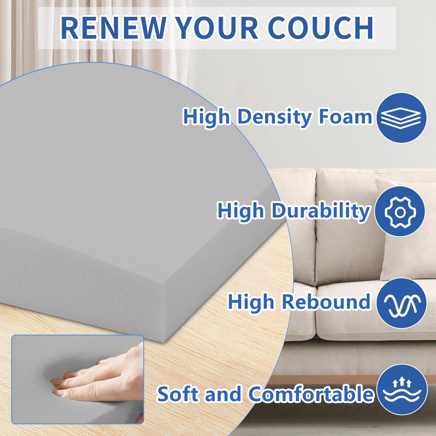 Lanswood Sofa Cushion Support for Sagging Seat 2Pack 50 x 50cm High-Density Foam Replacement Sofa Seat Cushions Curved Under Cushion Sag Repair-Grey