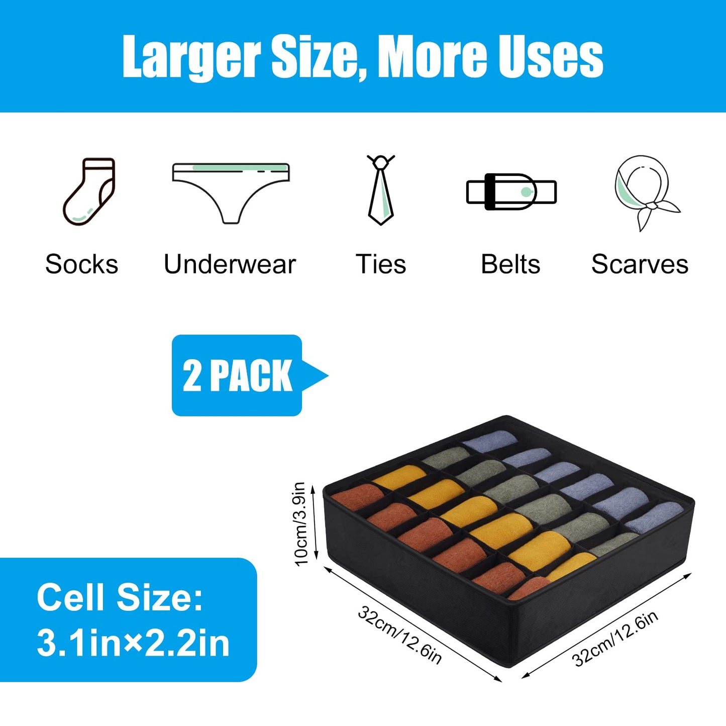 Yorgewd Drawer Organisers - 2 Pack, Foldable Dividers Wardrobe Closet Storage Box for Socks, Ties, Underwear (Black)