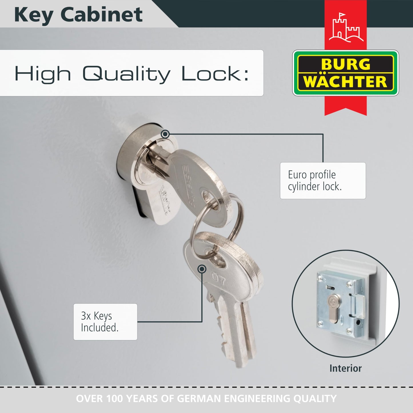 Burg-Wachter Euro Cylinder 100 Key Cabinet, Light Gray