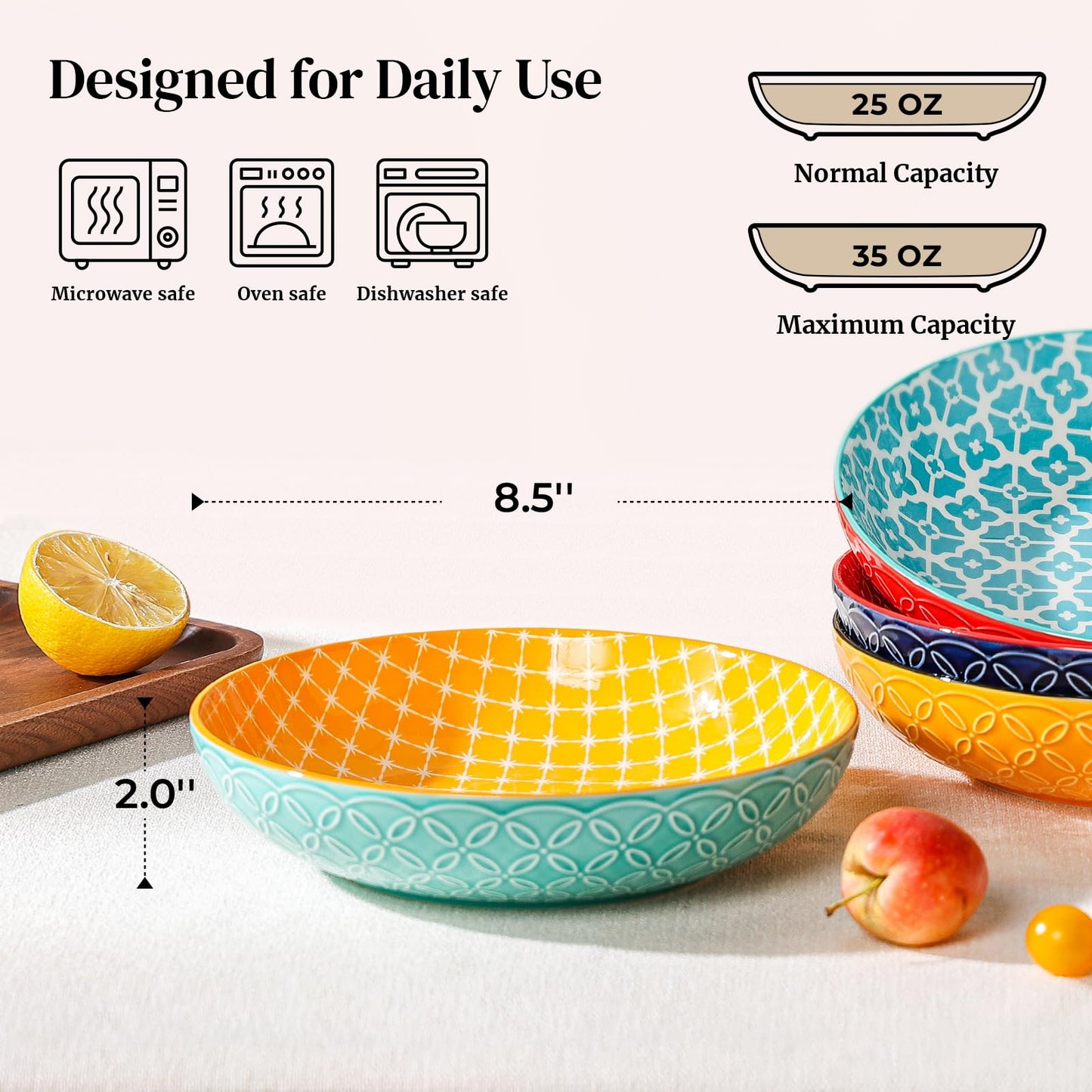 DOWAN Pasta Bowl Set of 4, Large Salad Bowls,  21.5 cm Porcelain Serving Plates, Soup Bowls, Wide and Shallow Ceramic Bowl for Kitchen, Pasta, Salad,