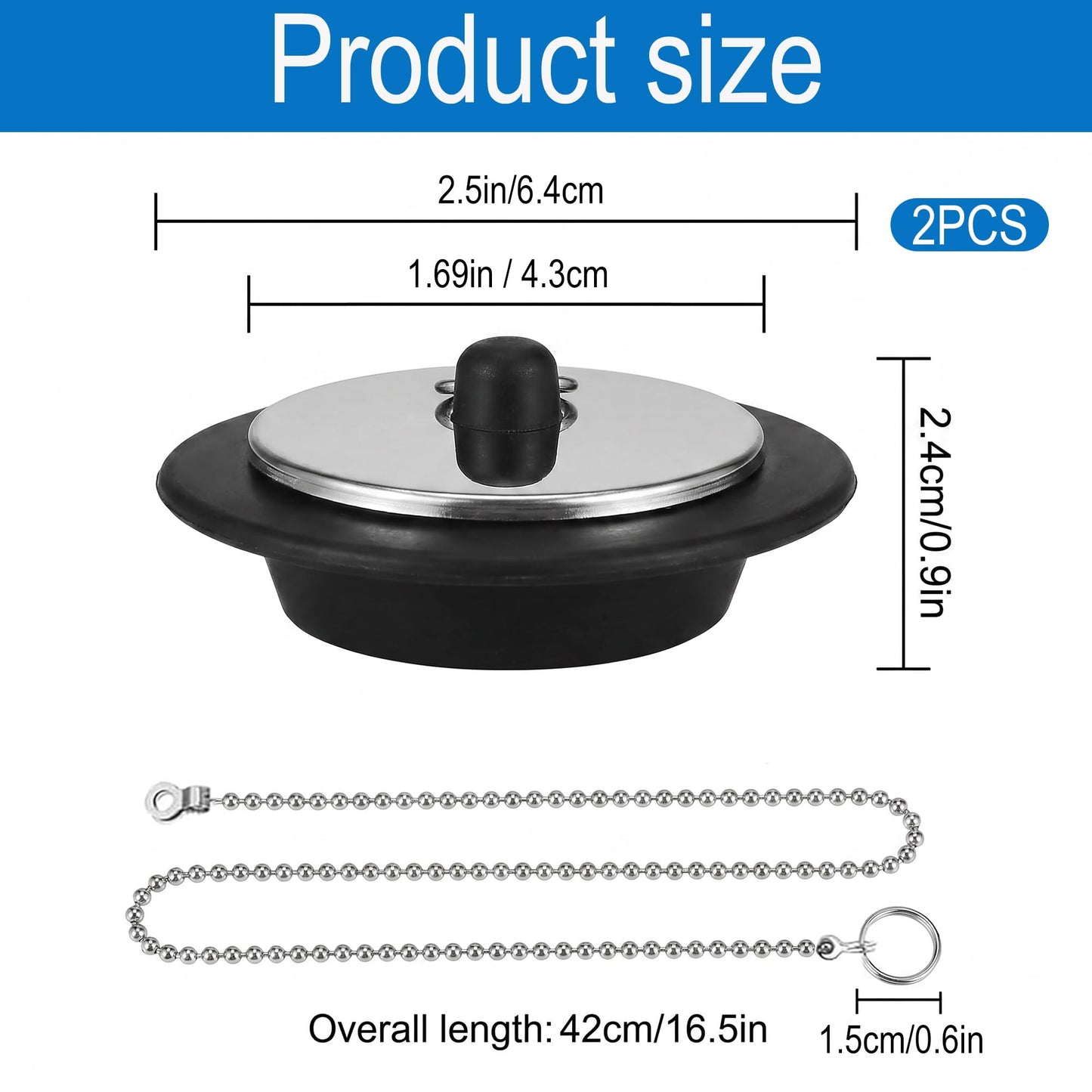 YUNYU 2 Pcs Universal bath plug, Bathroom Sink Plug Replacement, Drain Stopper for Bathroom Kitchen, Kitchen Sink Plug with Stainless Steel chain