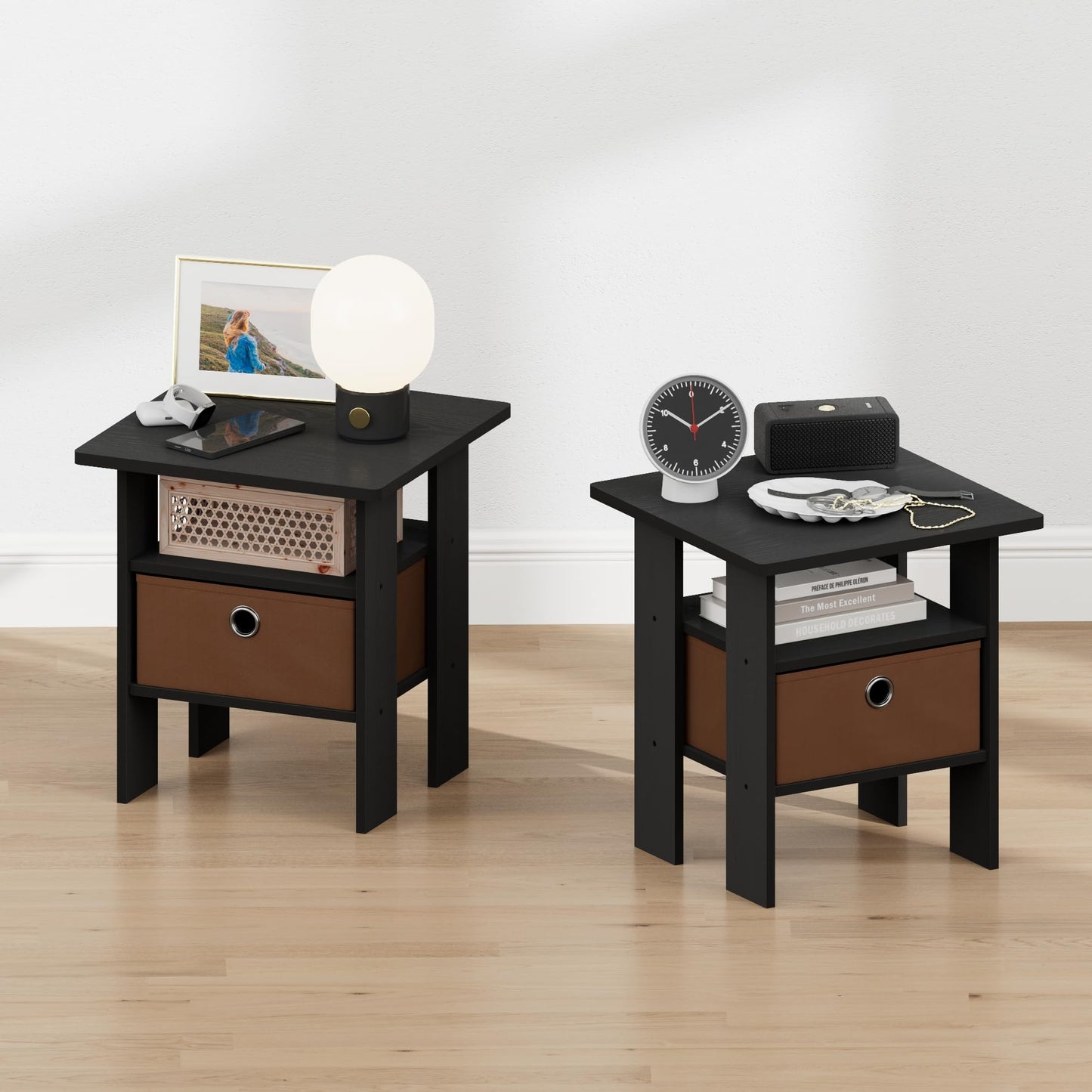 Furinno TIDUR Night Stand, Open Shelf Design Nightstand with Storage Bin, Bedside Table, End Table, Side Table, for Bedroom, Living Room, Americano