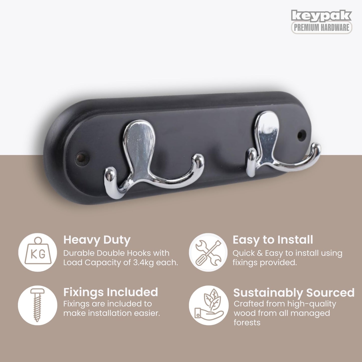 keypak Wall Mounted Robe Coat Rack with 2 Black Double Hooks