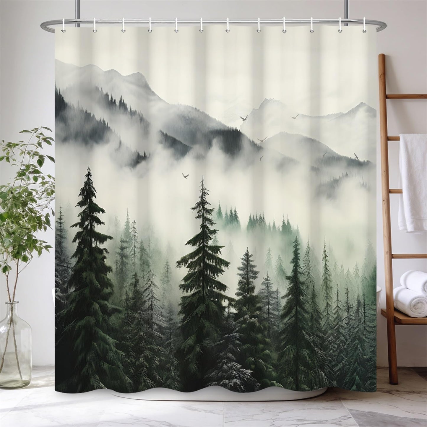 Kzzfqxb 90x183cm Foggy Shower Curtains with Hooks, White Mist Mountains Pine Trees Forest Woodland Landscape Scenery Occluded Waterproof for Bath
