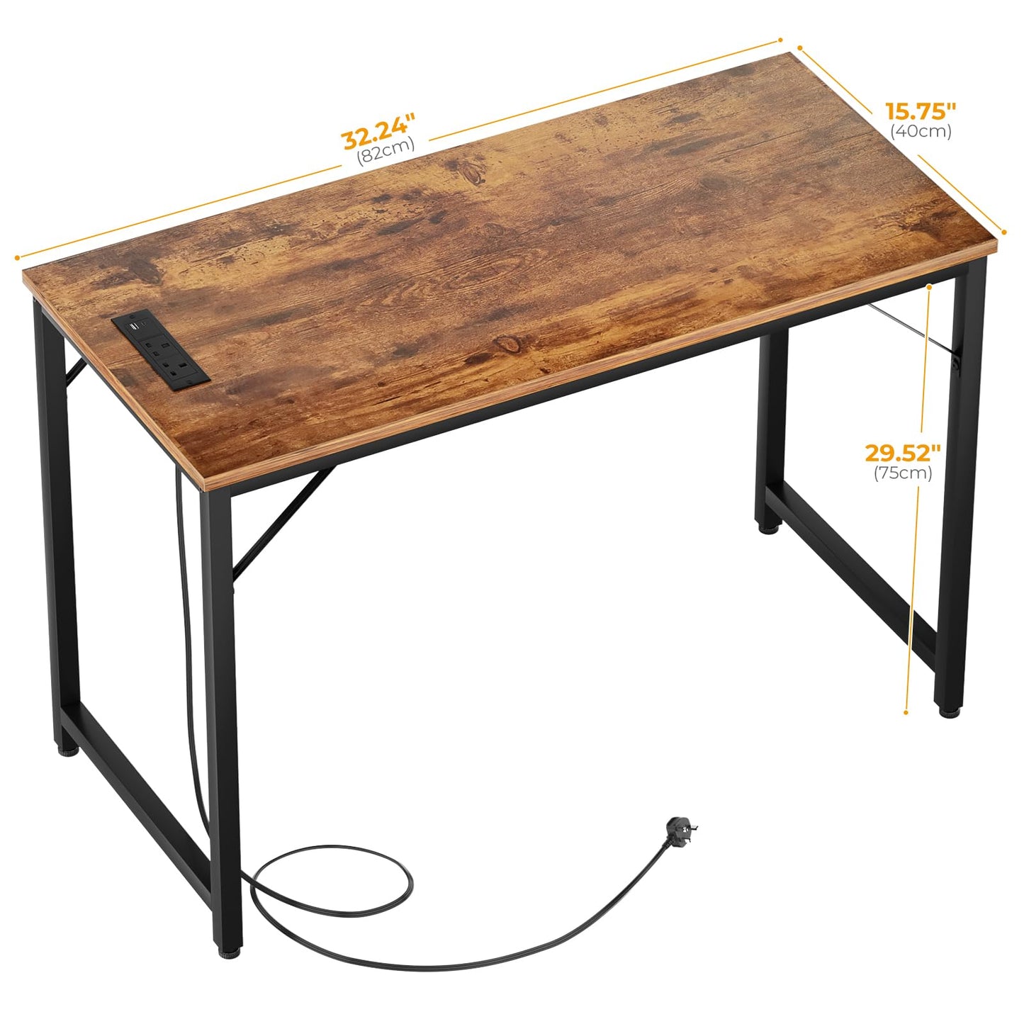 iSunirm 32 inch Computer Desk with Power Outlets, Rustic Brown Small Desk for Small Spaces, Compact Home Office Desk