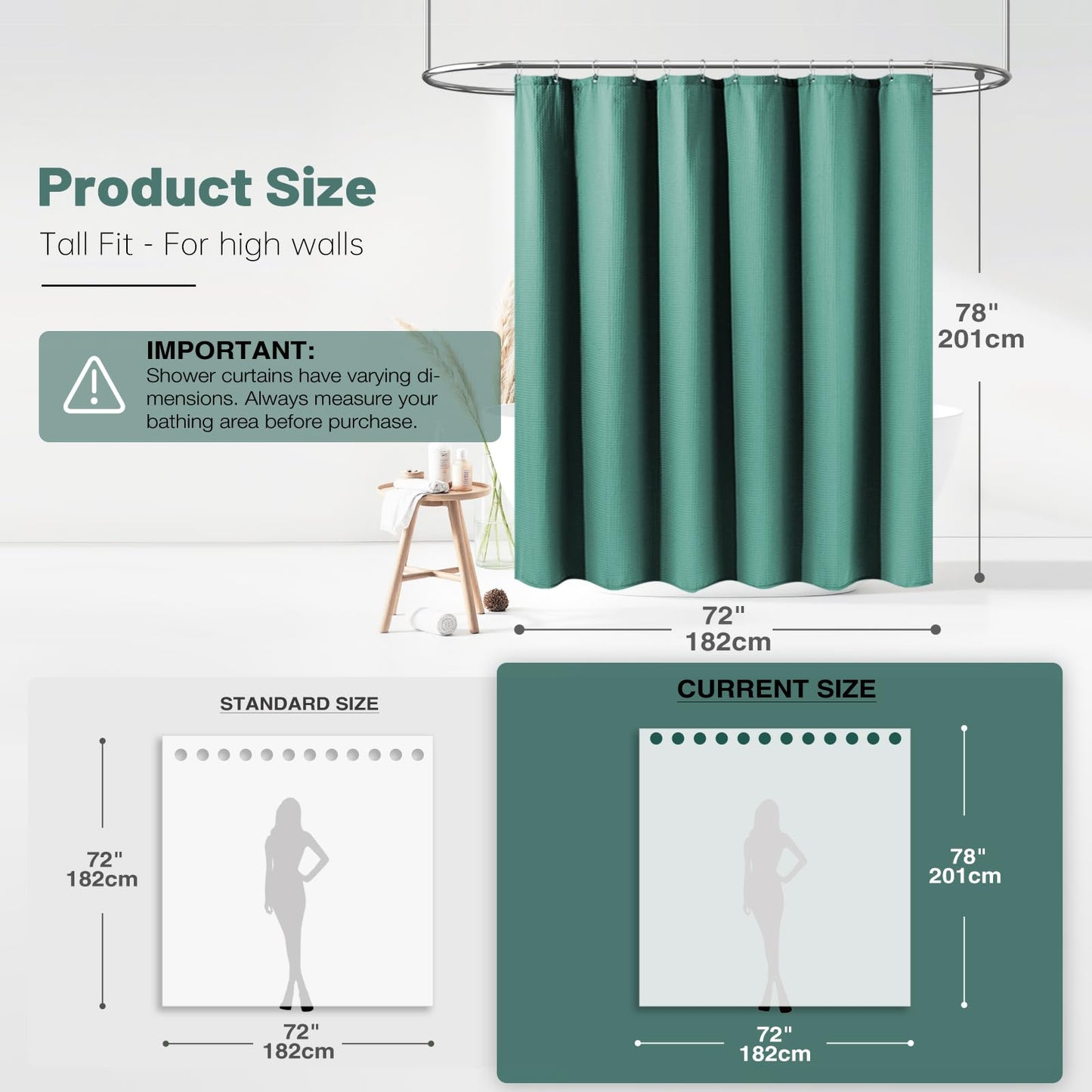 BTTN Long Waffle Shower Curtain, Waterproof, 182x200cm, Seaweed Green