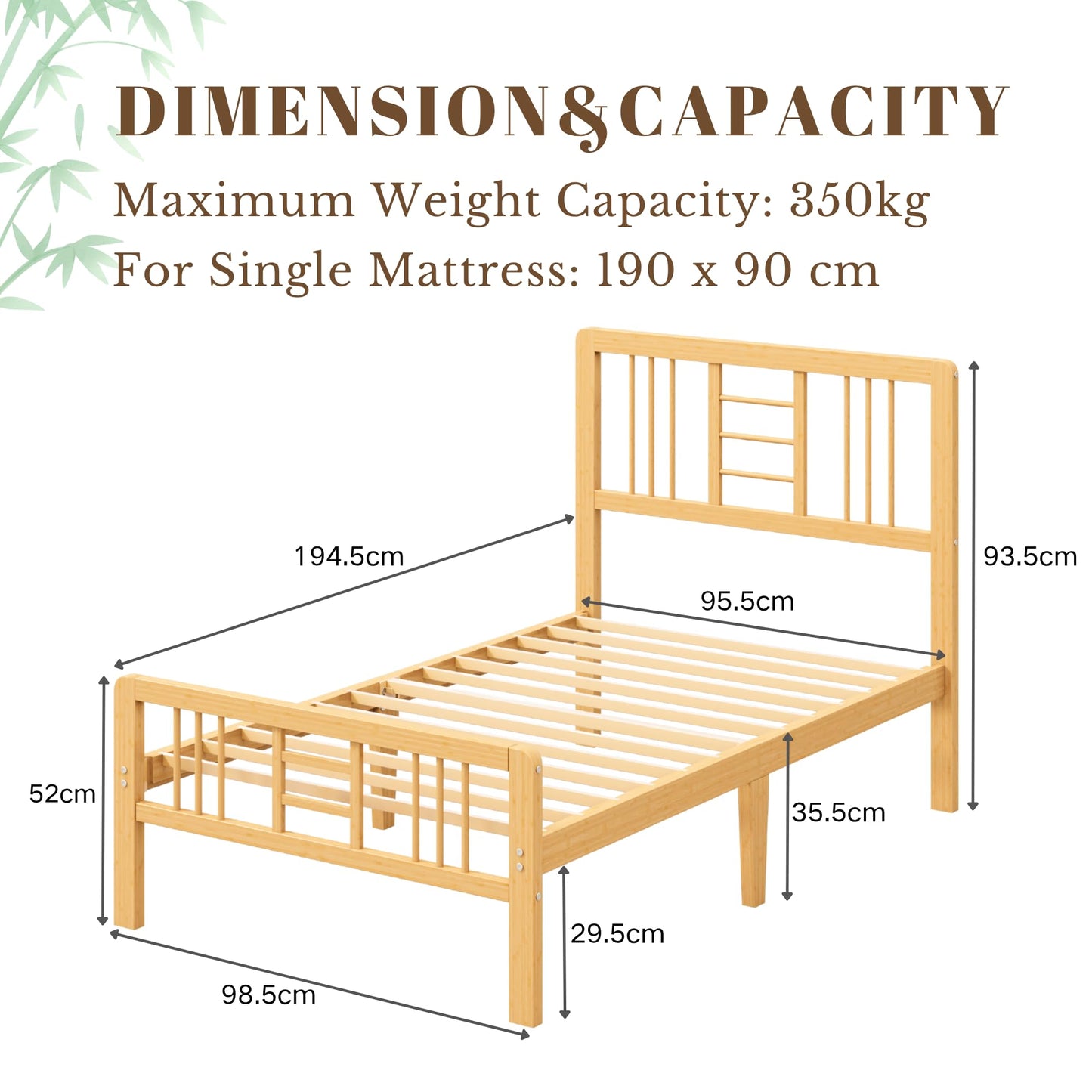 Hunlostten Wooden Bed Frame Single with Headboard - Bamboo Wood Bed Frames with Metal Slats Support and Underbed Storage, Easy to Install, Noise Free