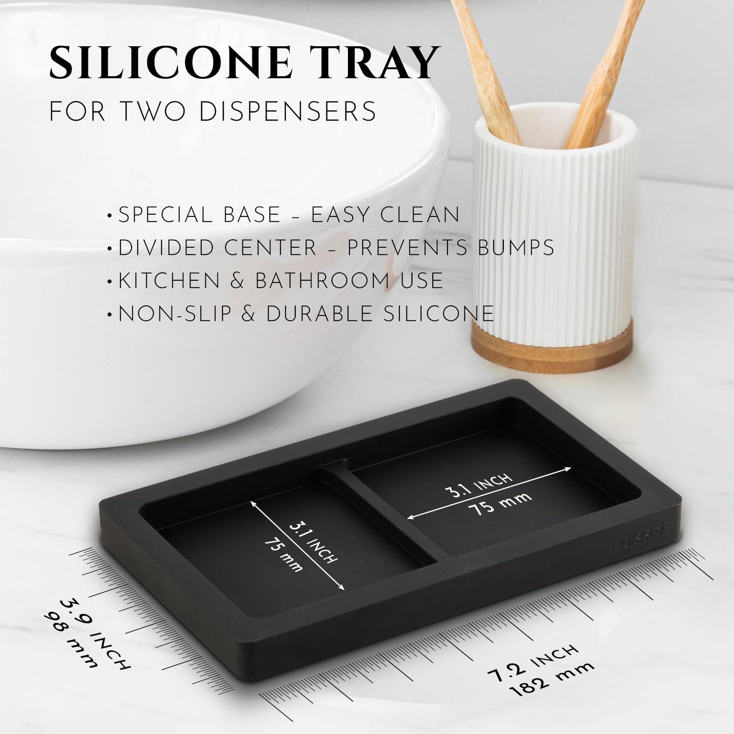 Countertop and Vanity Tray – Small Silicone Tray for Soap Dispenser Bottles, Bathroom Organiser, Dish Soap Holder for Kitchen Counter