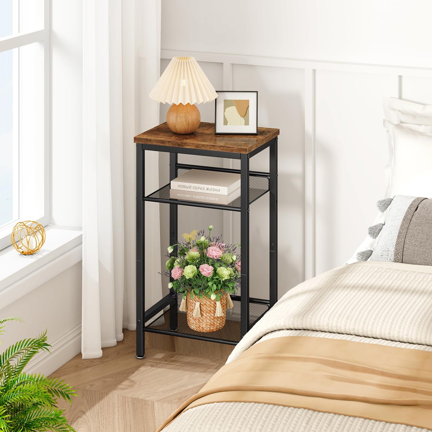YMYNY Tall Side Table, Nightstand, Small Bedside Table with Shelves, Industrial Style, Adjustable Wire Mesh, for Living Room, Bedroom, Entryway