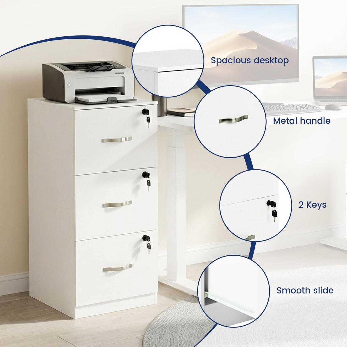buybyroom Filing Cabinet, Lockable File Cabinet with 3 Drawers, Wooden Storage Drawers Office Cupboard Printer Stand Fits A4 Letter Size Hanging