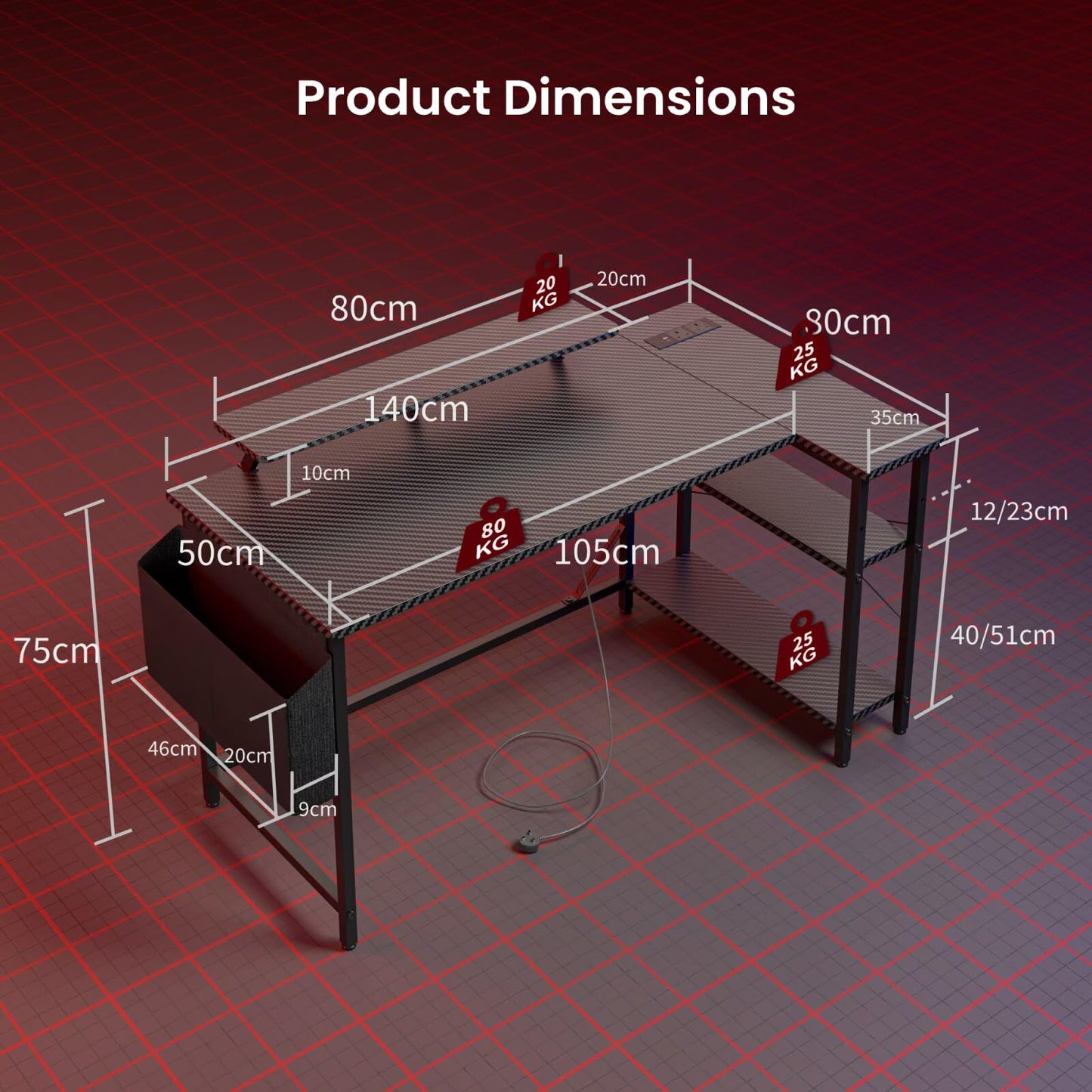 DOMSHOCT L Shaped Gaming Desk with LED Lights & Power Outlets, 140*80cm Corner Computer Table with Storage Bag & Adjustable Shelves & Large Monitor