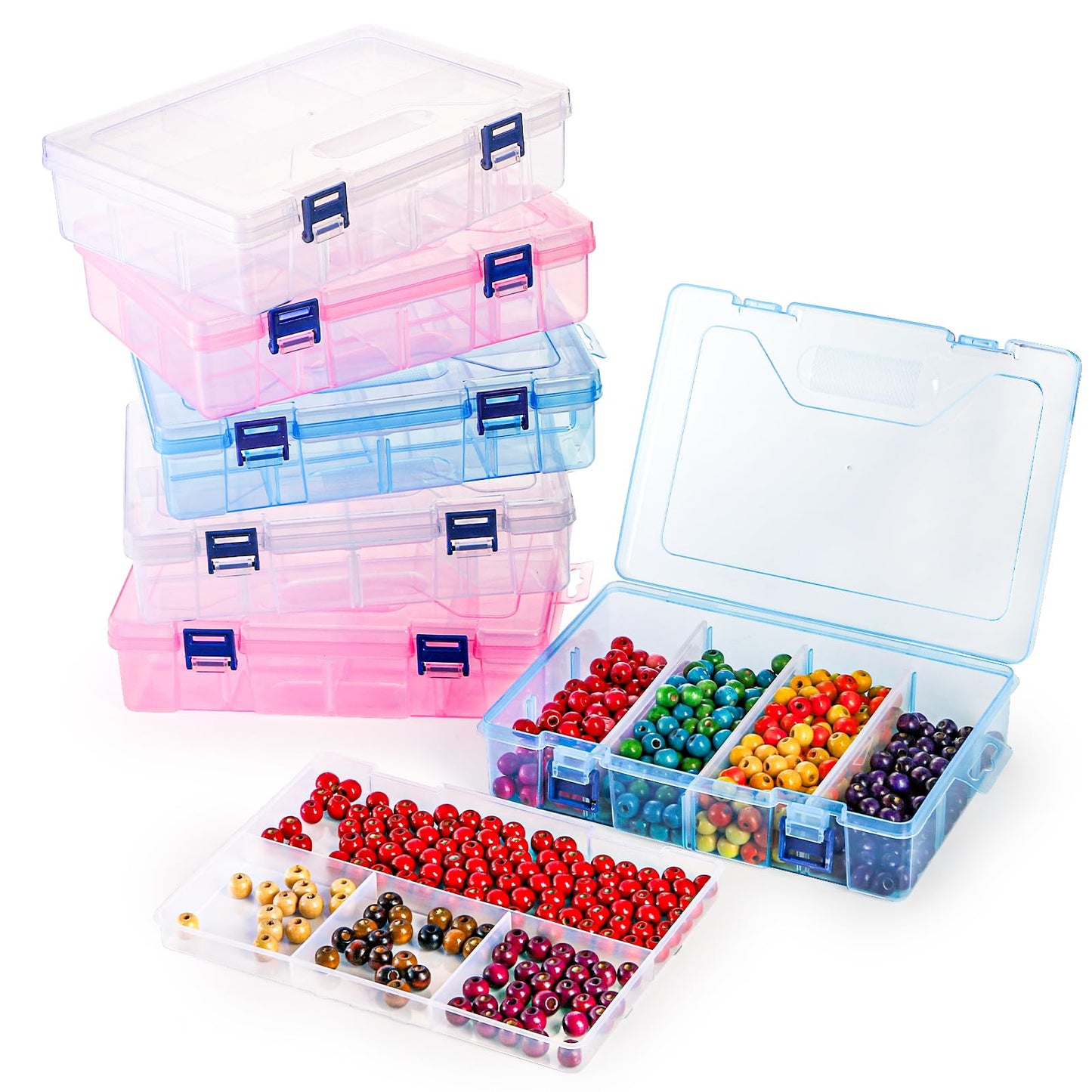 Covzoe 6 Pack Plastic Organizer Box with Adjustable Dividers, Double Layer Bead Organizer 15 Large Grids