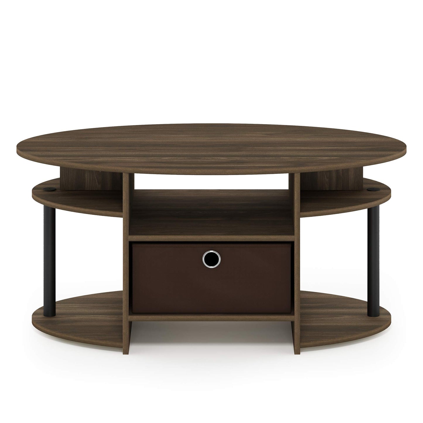 Furinno JAYA Coffee Table, Oval Modern Coffee Table with Shelves and Storage Bin, Side Table, for Living Room, Bedroom, Home Office, Columbia Walnut
