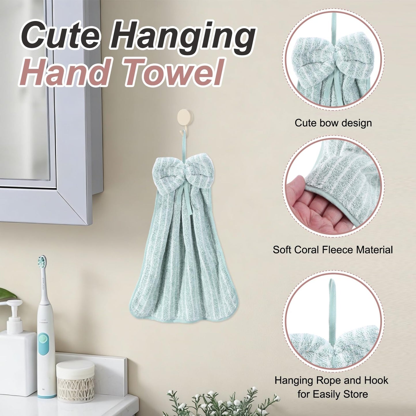 sourcing map 4Pcs Bow Hand Towels with Hanging Loop, 14.2" x 11.8" Soft Coral Fleece Microfiber Bowknot Hanging Hand Dry Towels Quick Dry and