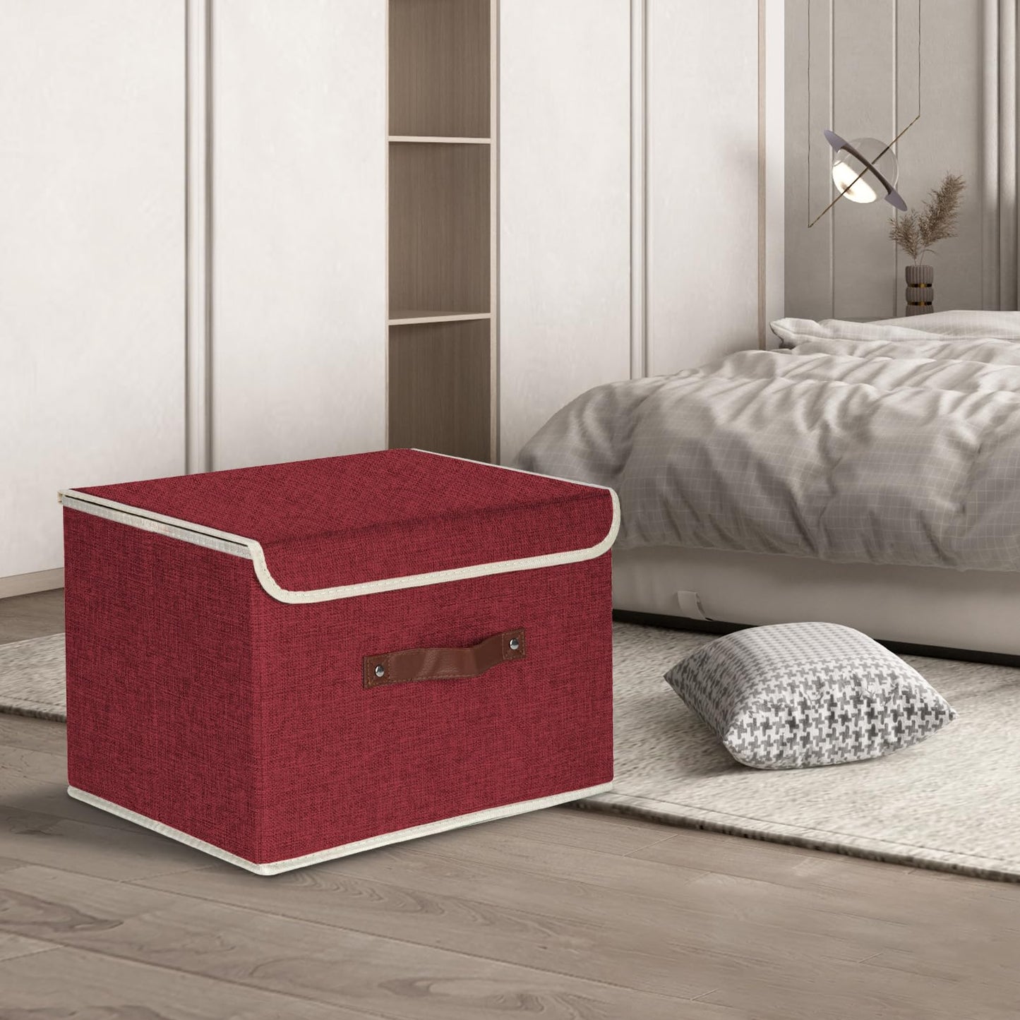 TYEERS Collapsible Storage Box with Lid, Fabric Storage Box for Clothes, Wardrobe Storage, 38x25x25 cm, Set of 5, Red Wine