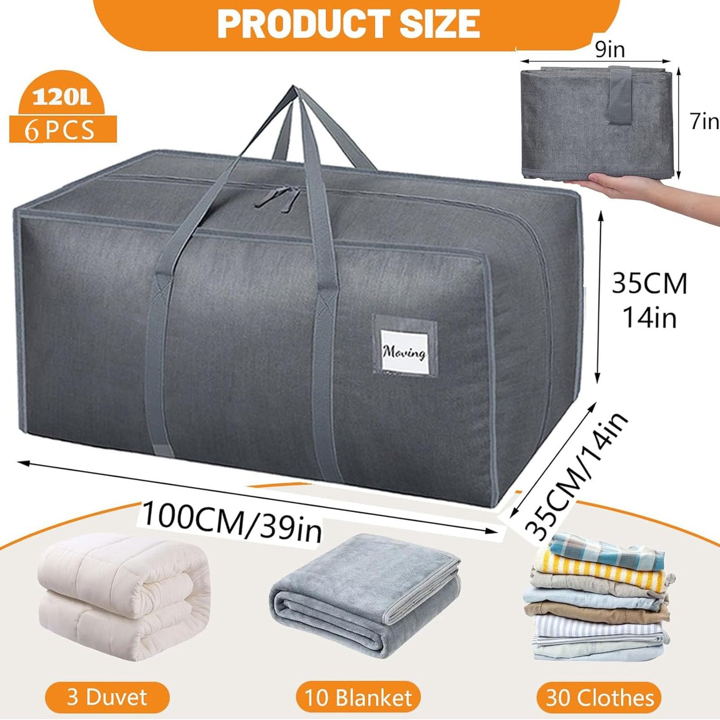 Dntorx 6 Pack 120L Moving Bags and Storage Bag Dorm Moving Essential, Gray