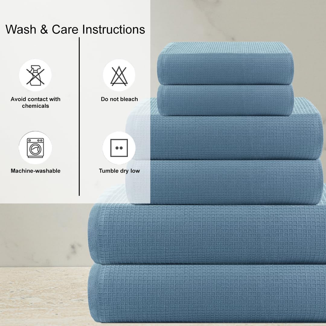 CASA COPENHAGEN Waffle Terry 6-piece set, cotton, extra large, luxurious, antique blue, 2 bath towels XL, 70x140 cm, 2 large hand towels, 50x80 cm