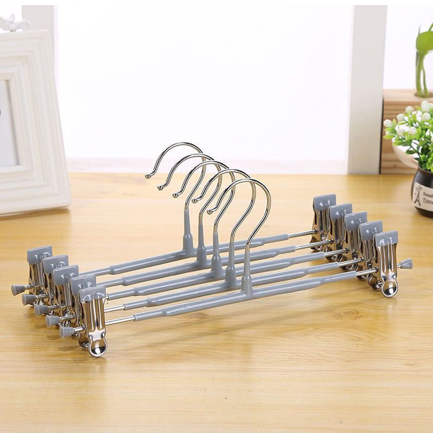 10Pack Trouser Hangers -Skirt Hangers with Adjustable Non Slip Clips Strong Chrome- Space Saving Pant Hangers,Heavy Duty Metal Hangers for Shorts