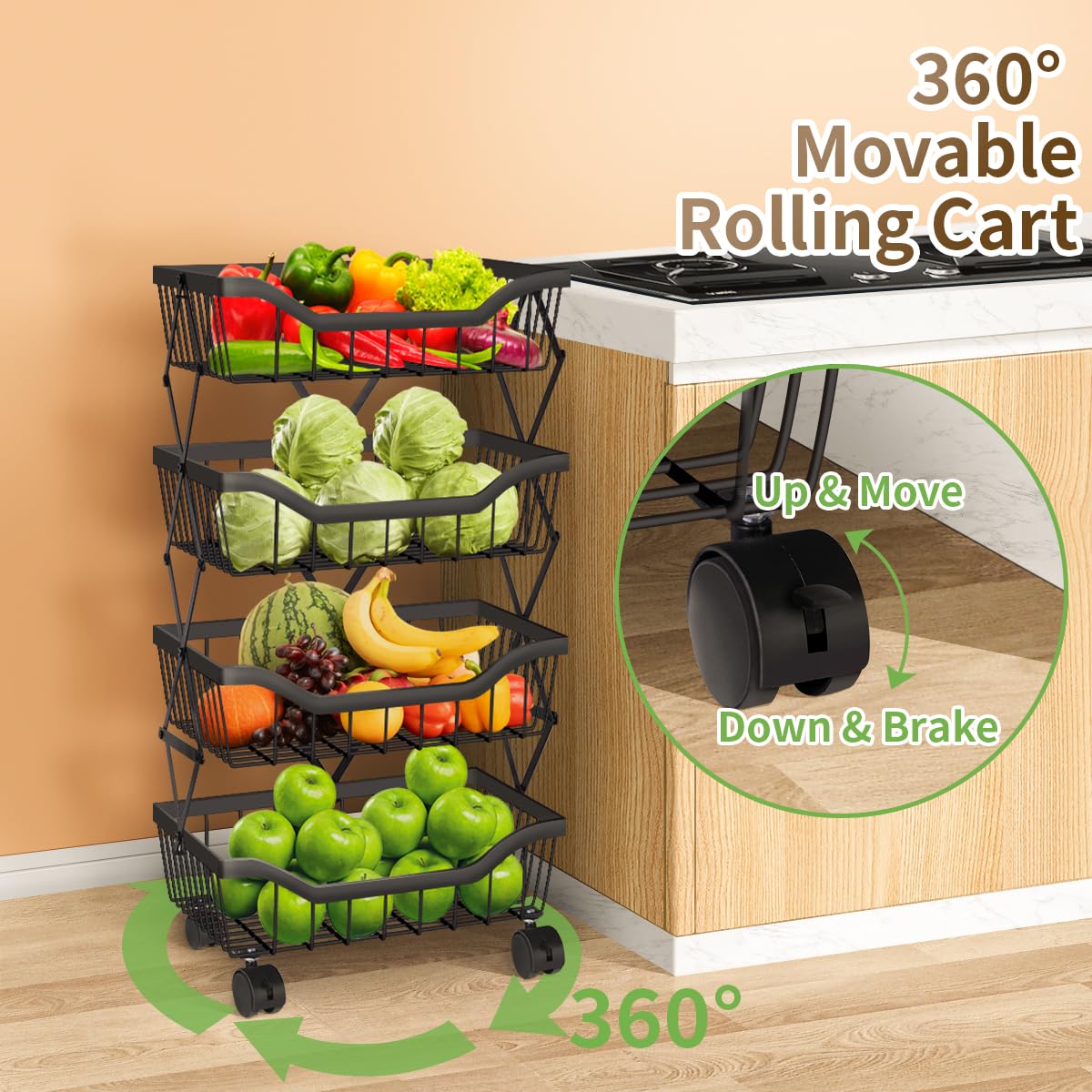 Newzealkids Fruit and Vegetable Storage – 4 Tier Stackable Metal Wire Storage Trolley with Wheels, Kitchen Organiser Unit for Living Room