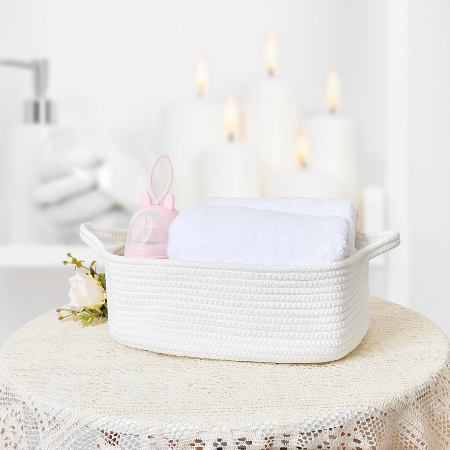 ABenkle Small Storage Basket with Handles, Cotton Rope Woven Dog Cat Toy Bin, Decorative Shelves Closet Organizing for Nursery Laundry Bedroom