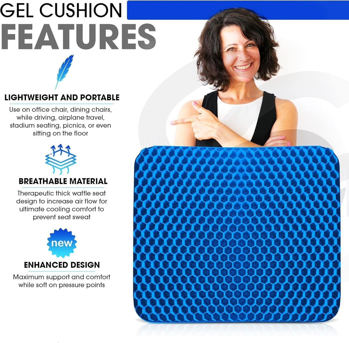 LATERN Gel Seat Cushion, 42CM x 36CM Honeycomb Double Thick Gel Cushion Ergonomic Cool Seat Cushion with Cloth Cover for Home Office Chair Car Seat
